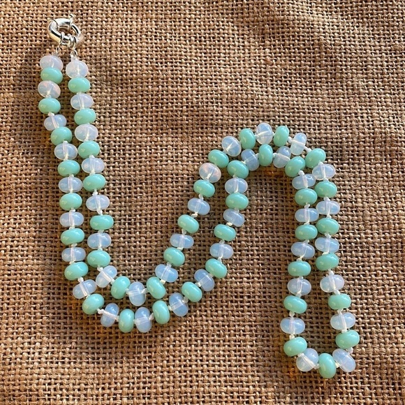 Mint Rondelle Glass & Opal Stone Beads Necklace Knotted Handmade New - Picture 9 of 10